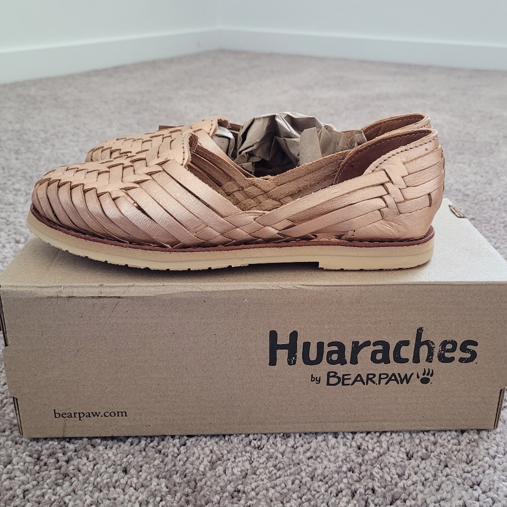 Bearpaw Huaraches Woven Leather Slip-On Womens Flats Metallic Rose Sandals Shoes